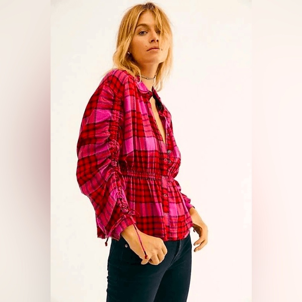 Free People Pacific Dawn Plaid Peplum Blouse